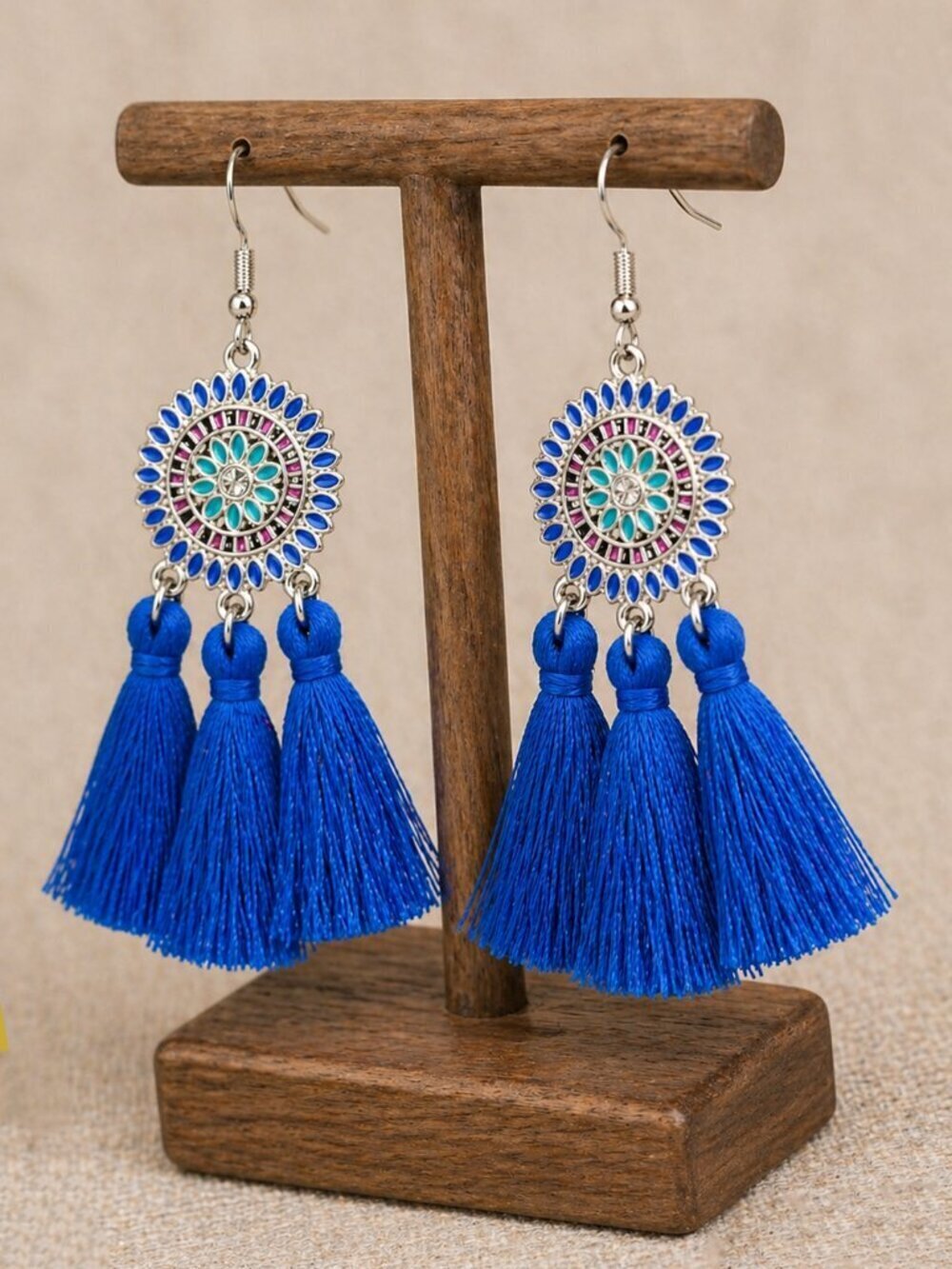 Bohemian Flower Tassel Fringe Drop Earrings Blue - Picture 4 of 6